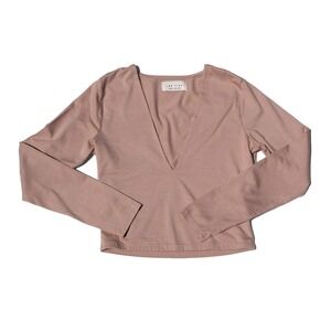 Les Tien Dan Deep V-Neck Long Sleeve Top Women's Small Tan Luxe Knit